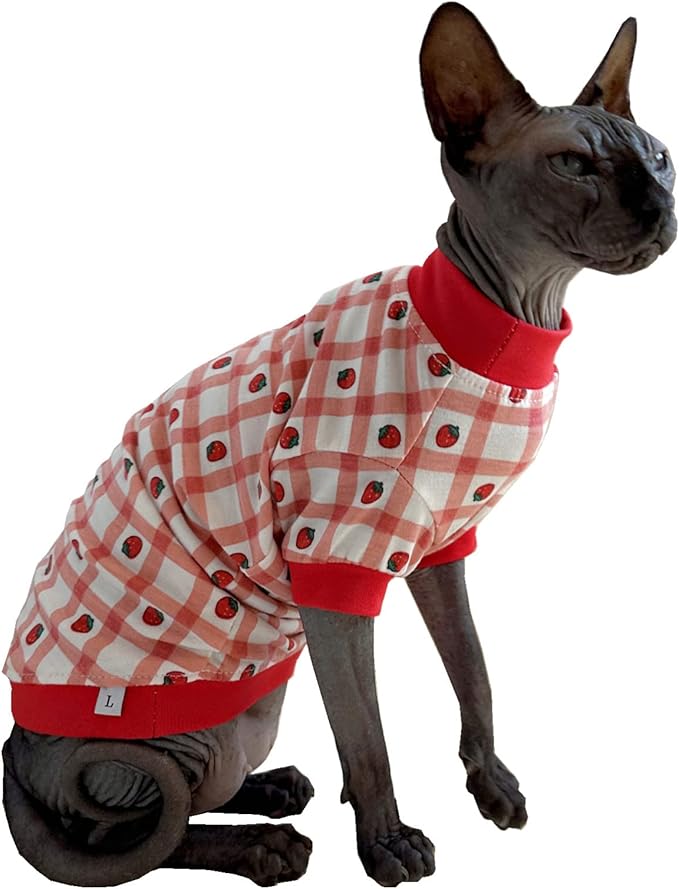 Sphynx Hairless Cat Cute Summer Cotton T-Shirts Pet Clothes,Round Collar Kitten Shirts Cats Apparel (Checkered Strawberry, X-Large (Pack of 1))