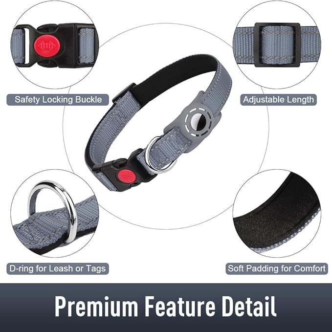 Airtag Dog Collar with AirTag Holder for Medium Dogs, Reflective, Soft Padded & Safety Locking Buckle, Nylon Pet Collars Adjustable for All Breeds, Grey,M