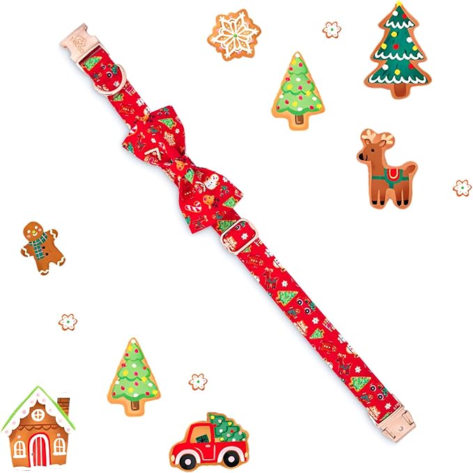 Tunkoo Christmas Dog Collar with Elegant Bow Tie Soft Comfy Cotton Adjustable Collar, Premium Metal Buckle for Puppy and Cat Small Medium Large (Christmas C, L)