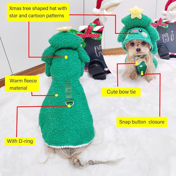 ANIAC Dog Christmas Cape Coat with D-Ring Cat Santa Costume with Xmas Tree Hat Christmas Dogs Outfit Warm Puppy Clothes for Small Dog Holiday Pet Cloak for Cat (Green, Small)