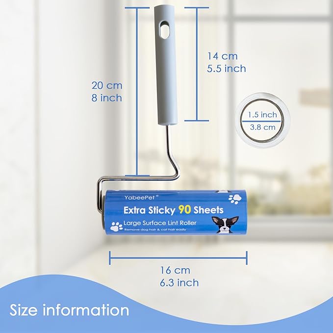 Extreme Sticky Large Surface Lint Roller, 6.3'' Giant Pet Hair Remover Roller for Pet Dog Cat Hair, Clothes&Furniture Cleaning, 90 Sheets (1 Roller + 2 Refills with Dust-Proof Cover)
