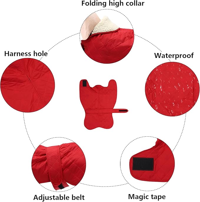 Warm Thermal Quilted Greyhound Coat with Harness Hole, Dog Winter Coat with Warm Fleece Lining, Outdoor Dog Apparel for Medium, Large Dog -Red-L