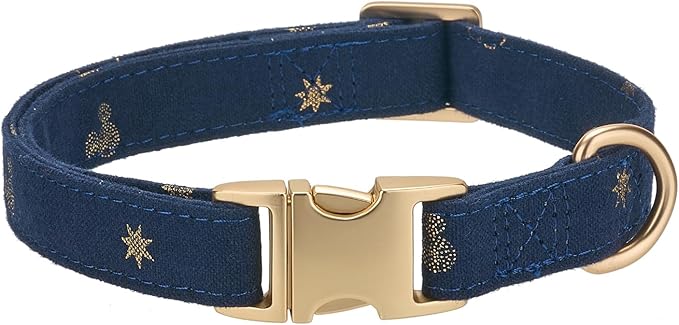 Cotton Dog Collar with Metal Buckle Adjustable Soft Dog Collars with Gold Star for Small Medium Large Dogs,Dark Blue,Medium