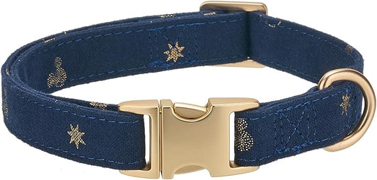 Cotton Dog Collar with Metal Buckle Adjustable Soft Dog Collars with Gold Star for Small Medium Large Dogs,Dark Blue,Medium