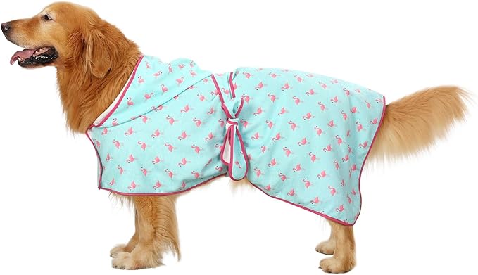 HDE Dog Bathrobe Super Absorbent Quick Drying Towel with Hood for All Dog Breeds Sizes S-XXL - Flamingos - XXL