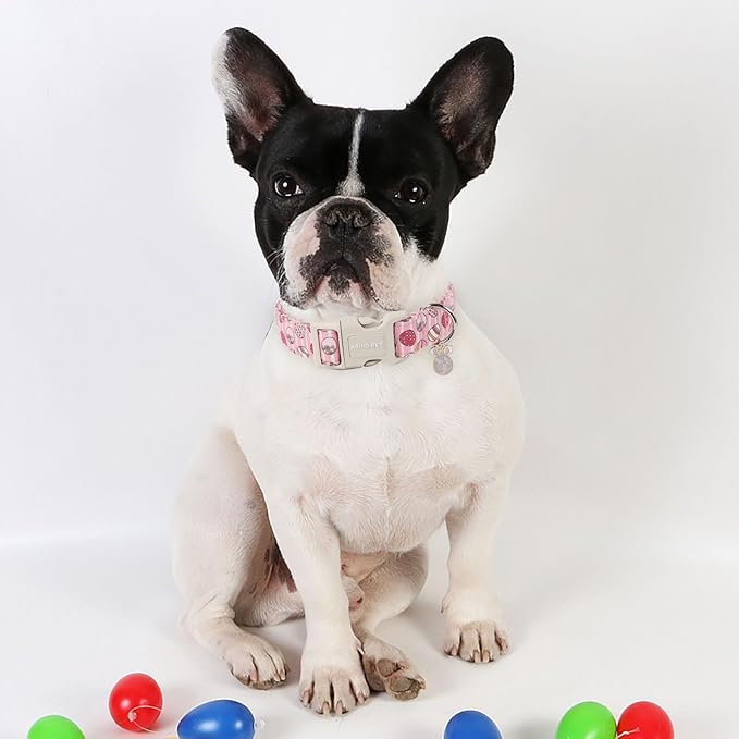 ARING PET Dog Collar - Cute Pink Striped Collar with Easter Eggs, Adjustable Quick Release Buckle for Girl & Boy Dogs