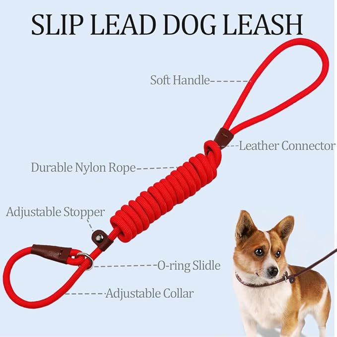MayPaw Slip Lead Control Leash for Dogs No Pull, 13+ Colors Classic Dog Lead 7 FT Pet Slip Leash, 1/4” Rope Leashes for Small Medium Animals (7ft*1/4", Red)