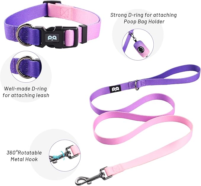 QQPETS Dog Harness Collar Leash with Poop Bag Holder 4 PCS Set, Adjustable No Pull Soft Mesh Padded Vest for Small Medium Large Pet Puppy Outdoor Walking (Gradient Purple, L (Chest 22.4”-32.6”))