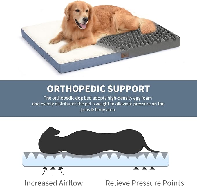 XL Dog Bed for Large Dogs, Egg Crate Foam with Removable Washable Oxford Cooling Cover, Blue White