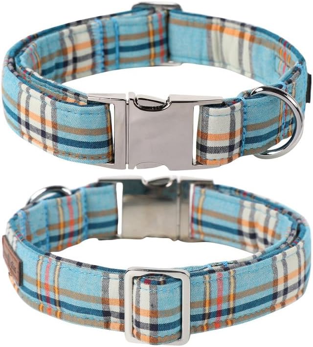 Lionet Paws Boy Dog Collar, Comfortable Adjustable Cute Blue Plaid Collar with Metal Buckle for Male Dogs, Large, Neck 16-24 inches