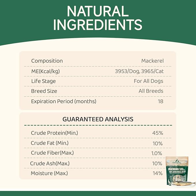 Freeze Dried Mackerel Dog Treats, Healthy High Protein, Low Fat, Grain Free Dog Snacks, Easy to Digest Training Treats, 454g/16 oz. Bag