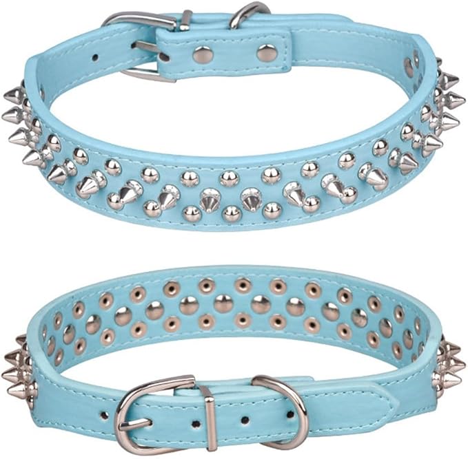 Spiked Dog Collar, Mushrooms Rivet Spike Anti-Bite Studded Protective Pet Neck Pu Leather Puppy Collars for XXS XS Small Medium Large Boy Dogs Male Cats Goat, Light-Blue XSmall