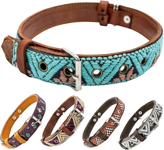Western Dog Collar – Leather Dog Collar Embroidered Design for Small Medium Large Dogs & Puppy Pets - Aztec & Southwest for Boy and Girl Female & Male Dogs - Collar Para Perros (Small, Teal)