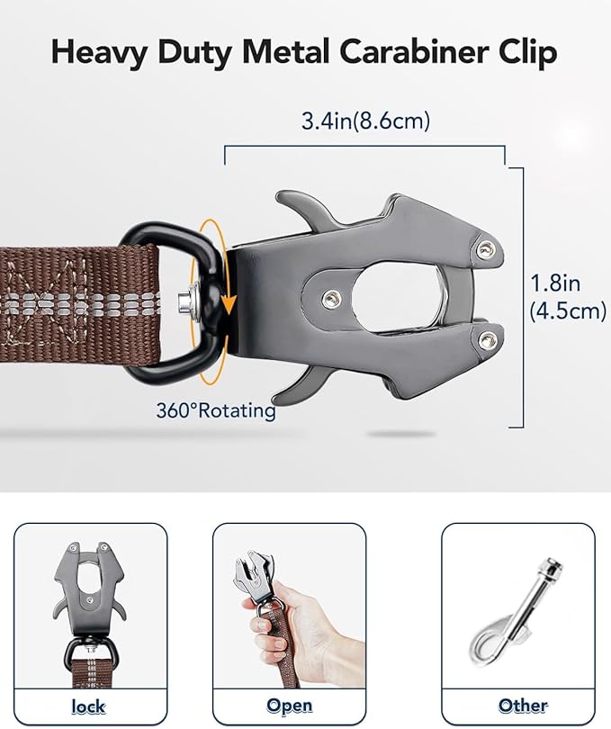 Joytale Tactical Dog Leash Heavy Duty, 4-6FT Shock Absorbing Bungee Lead with 2 Padded Handle, Metal Carabiner Clip, Car Seatbelt, Strong No Pull Leash for Medium Large X-Large Dogs, Brown