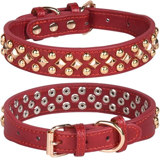 Spiked Dog Collar Soft Pu Leather Mushrooms Rivet Spike Studded Puppy Adjustable Pet Collars for Small Breeds (L, Red3)