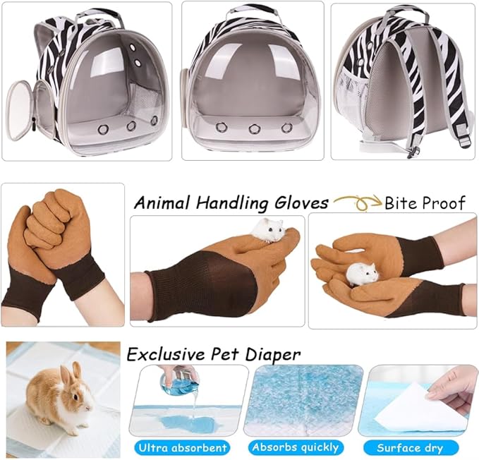 Portable Small Animal Backpack with Zebra Printing, Space Capsule Bubble Pet Carrier Cage Travel for Guinea Pig, Rabbit, Hamster, Bird, Bearded Dragon, Sugar Glider, Squirrel, Tortoise, Lizard