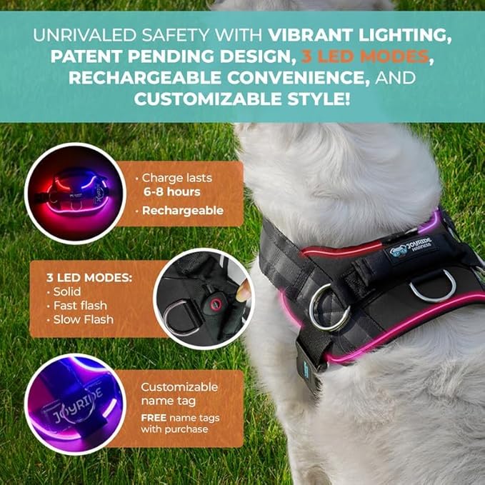 Joyride Harness LED Light Up Dog Harness 2.0 - Patent Pending Design, 3 LED Modes, Vibrant Rechargeable Lighting, Customizable Name Tag Area, and Convenient On/Off Button for Enhanced Pet Safety