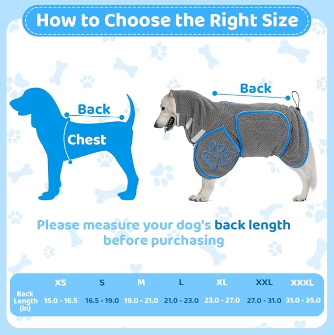 SlowTon Dog Bathrobe Towel - Super Absorbent Microfiber Pet Quick Drying Towel, Wearable Soft Bath Robes for After Bath Shower Swim Wet Walk, Adjustable for Small Middle Large Dogs (Grey, XS)