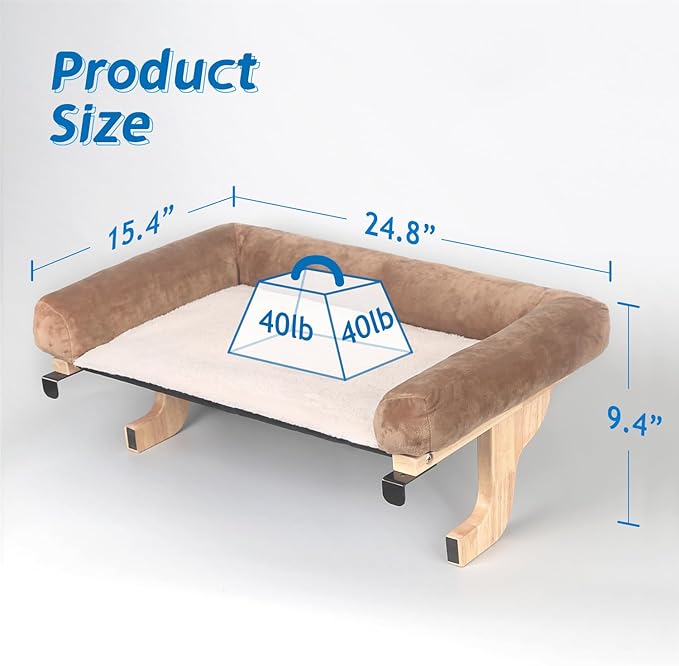 Cat Perch for Window Sill with Bolster - Orthopedic Hammock Design with Premium Hardwood & Robust Metal Frame - Cat Window Seat for Large Cats and Kittens - Natural Color Wood with Brown Bed
