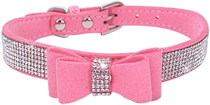 Small Dog Collars for Female Dogs, Cute Bling Rhinestone Crystal with Bow Tie Glitter Diamond Bowtie Puppy Collars for XXS XS Small Medium Large Pet Girls Dogs Cats, Pink S