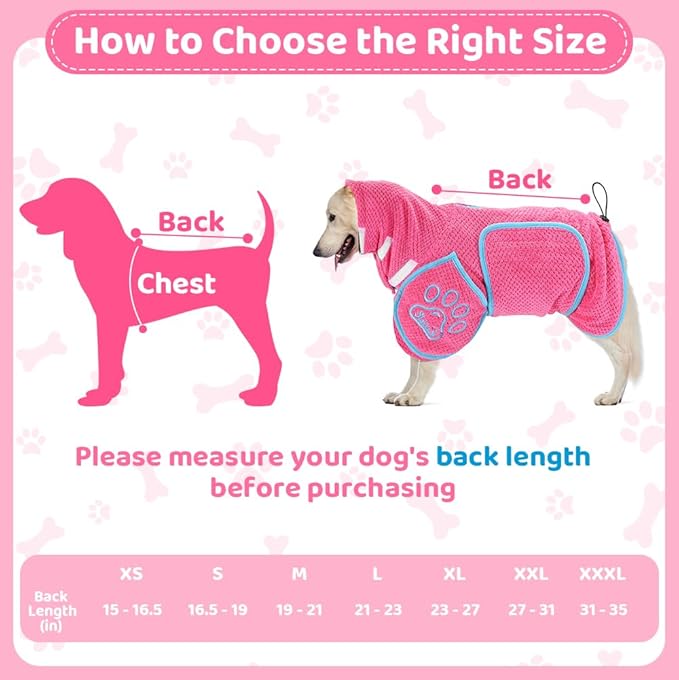 SlowTon Dog Bathrobe Towel - Super Absorbent Microfiber Pet Quick Drying Towel, Wearable Soft Bath Robes for After Bath Shower Swim Wet Walk, Adjustable for Small Middle Large Dogs (Pink, 3XL)