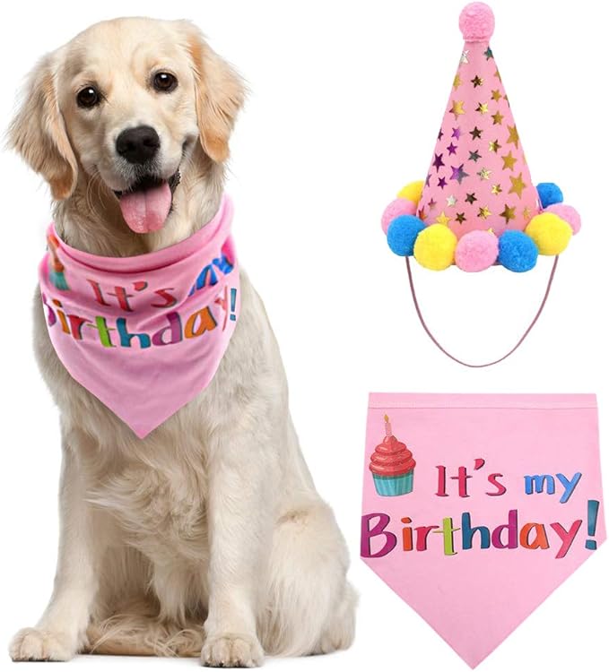 PUPTECK Dog Birthday Bandana Scarf with Cute Doggy Party Hat, Costume Decorations Supplies for Small Medium Large Dogs Boy Girl Outfit Gifts, Pink