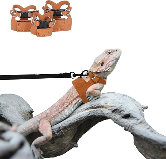 Bearded Dragon Harness and Leash Set, Adjustable Harness Soft Leather-3 Sizes (S, M, L) with Leash, Lizard Reptile Traction Rope Walking Vest Accessories for Bearded Dragon, Iguana or Gecko (Brown)