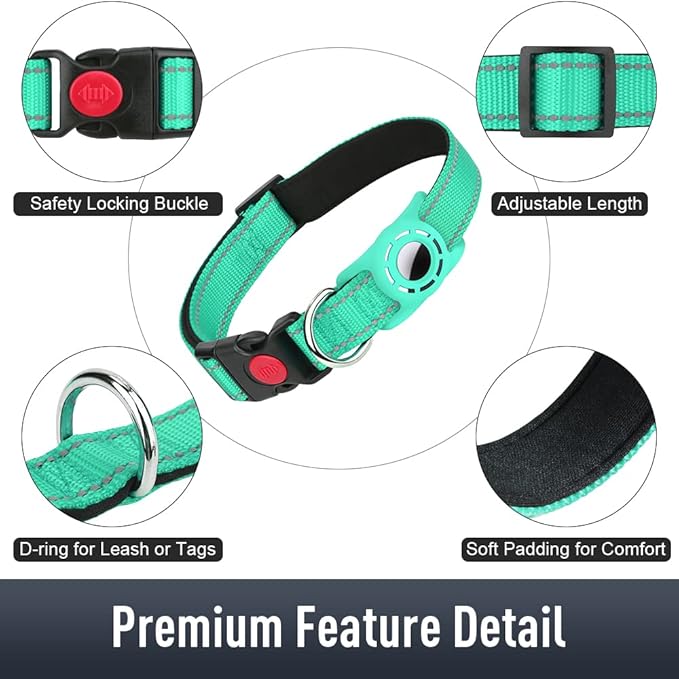 Airtag Dog Collar with AirTag Holder for Small Dogs, Reflective, Soft Padded & Safety Locking Buckle, Nylon Pet Collars Adjustable for All Breeds, Teal,S
