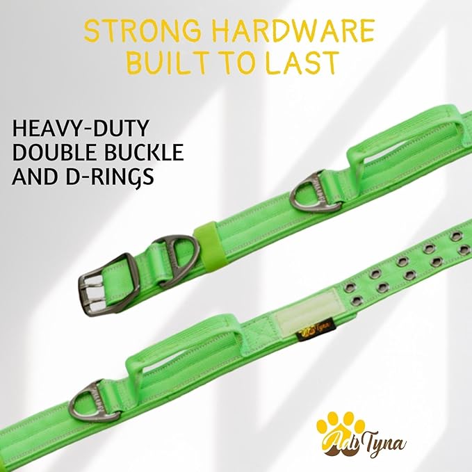 ADITYNA Heavy Duty Dog Collar for Large Dogs - Reflective Green Collar with Handle for Training, and Walking - Wide, Thick, Tactical, Soft Neoprene Padded