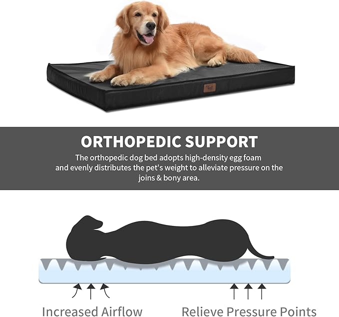 Outdoor Dog Bed for Medium Dogs, Waterproof Dog Crate Bed for Medium Dogs Cats, Orthopedic Egg Crate Foam Pet Bed with Washable and Removable Oxford Cover, Black
