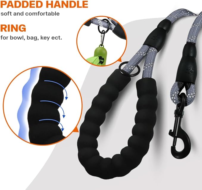 Taglory Rope Dog Leash 5 FT with Comfortable Padded Handle, Highly Reflective Threads Leash for Small Dogs, 3/8 inch, Grey