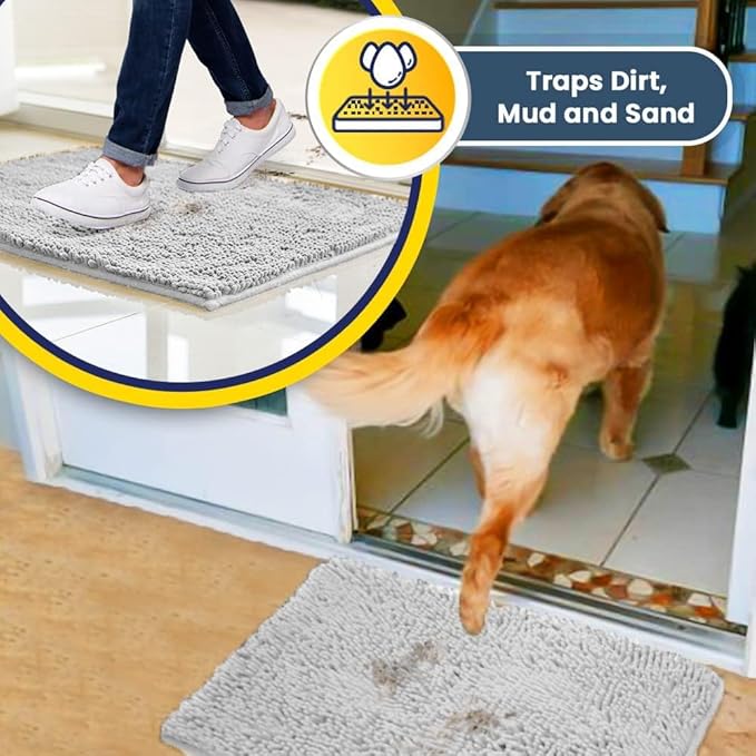 Muddy Mat® Shown on TV – Super Absorbent Microfiber Dog Door Mat for Muddy Paws, Non-Slip Washable Pet Rug, Quick Dry Chenille Entryway Carpet, Machine Washable Indoor Outdoor mat, White 30"x19"