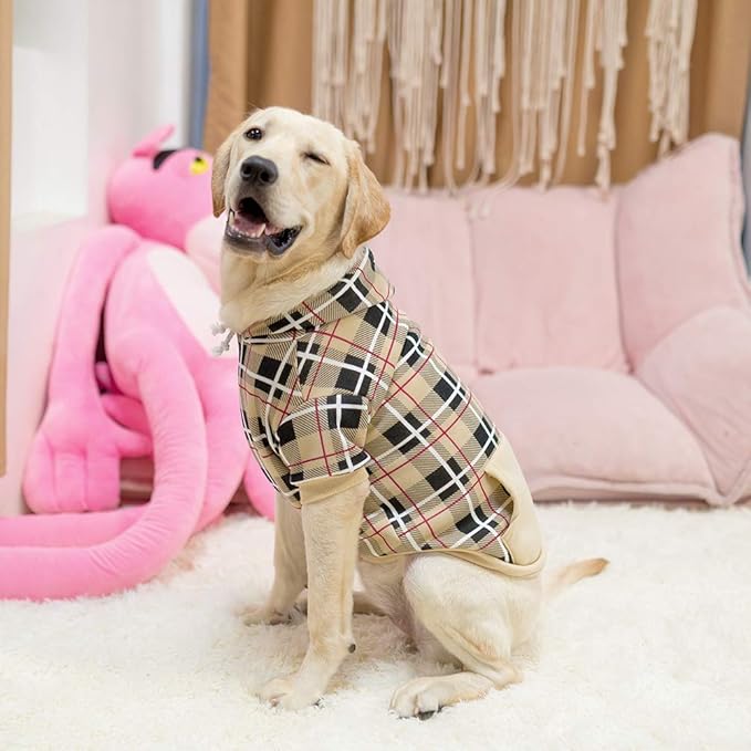 EXPAWLORER Plaid Dog Hoodie - British Style Warm Dog Sweater Shirt with Leash Hole,Pitbull Clothes Outfits,Winter Coat Apparel for All Breeds Puppy Girl Boy-Cat Apparel