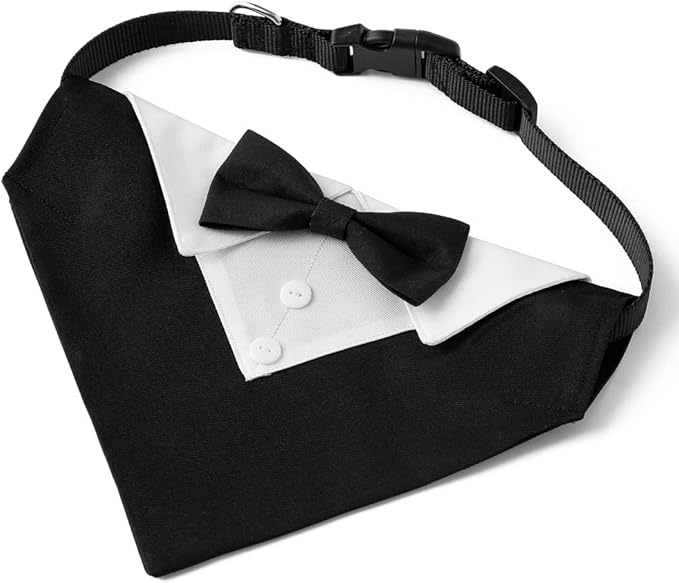 Tuxedo Dog Collar for Wedding Engagement and Birthday, Formal Dog Bandana Collar Costume with Bow Tie and Adjustable Buckle,Suitable for Small Medium Large Dog. (Black, L)
