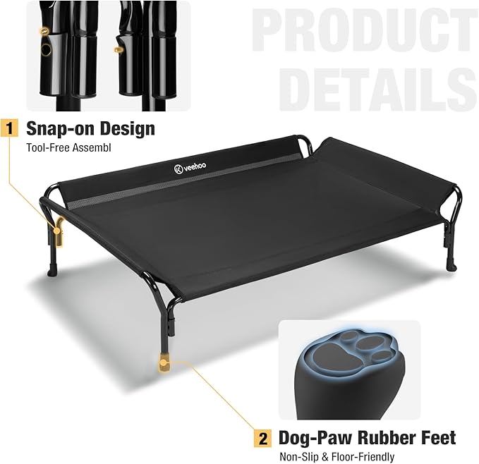 Veehoo Cooling Elevated Dog Bed, XL Raised Pet Cot with Guardrail & Slope Headrest, Durable Breathable Teslin Mesh, Non-Slip Feet, Washable Dog Couch Bed for Indoor & Outdoor, 50.5" x 33.5, Black