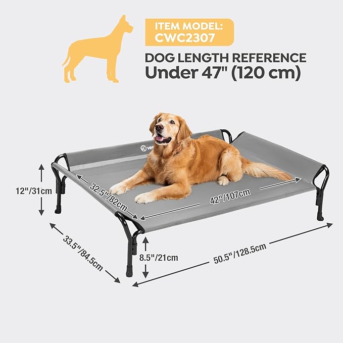 Veehoo Cooling Elevated Dog Bed, XL Raised Pet Cot with Guardrail & Slope Headrest, Durable Breathable Teslin Mesh, Non-Slip Feet, Washable Dog Couch Bed for Indoor & Outdoor, 50.5" x 33.5, Gray