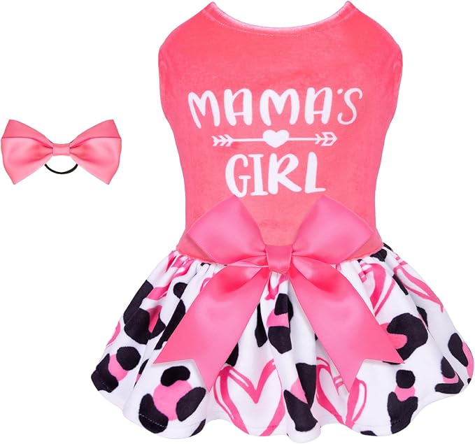 CuteBone Dog Dresses Velvet Mama's Girl Small Dogs Clothes Onesie Pet Apparel Girl Puppy Skirt with Bow Hair Rope CVA40L-D