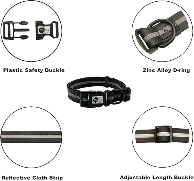 NIMBLE Dog Collar Waterproof Pet Collars Anti-Odor Durable Adjustable PVC & Polyester Soft with Reflective Cloth Stripe Basic Dog Collars S/M/L Sizes (Medium (11.81”-18.5”inches), Black)