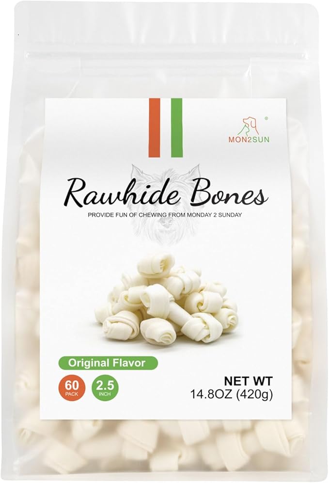 MON2SUN Dog Rawhide Knot Bones Mini Bones Rawhide Chews Natural 2.5 Inch 60 Count for Puppy and Small Dogs