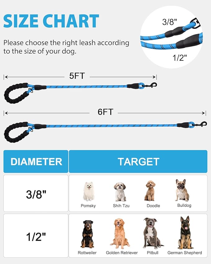 Joytale Reflective Dog Leash, Heavy Duty Nylon Rope with Poop Bag Holder, Highly Reflective Threads Leashes for Medium Large Dogs, SkyBlue, 6'×1/2''