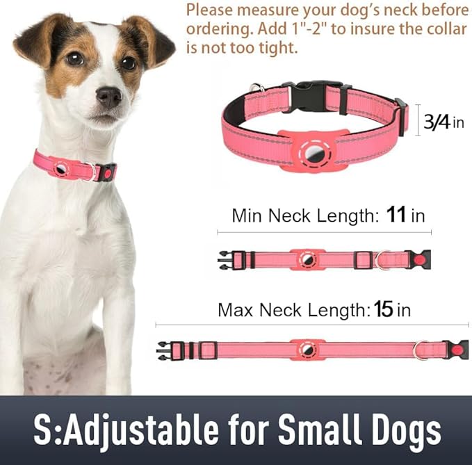 Airtag Dog Collar with AirTag Holder for Small Dogs, Reflective, Soft Padded & Safety Locking Buckle, Nylon Pet Collars Adjustable for All Breeds, Pink,S