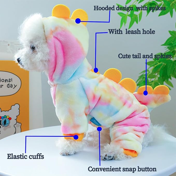 Dinosaur Dog Clothes for Girl Boy Puppy, Fleece Winter Puppy Hoodies with Leash Ring, Funny Dog Dinosaur Costume for Christmas Halloween. (Yellow, Large)