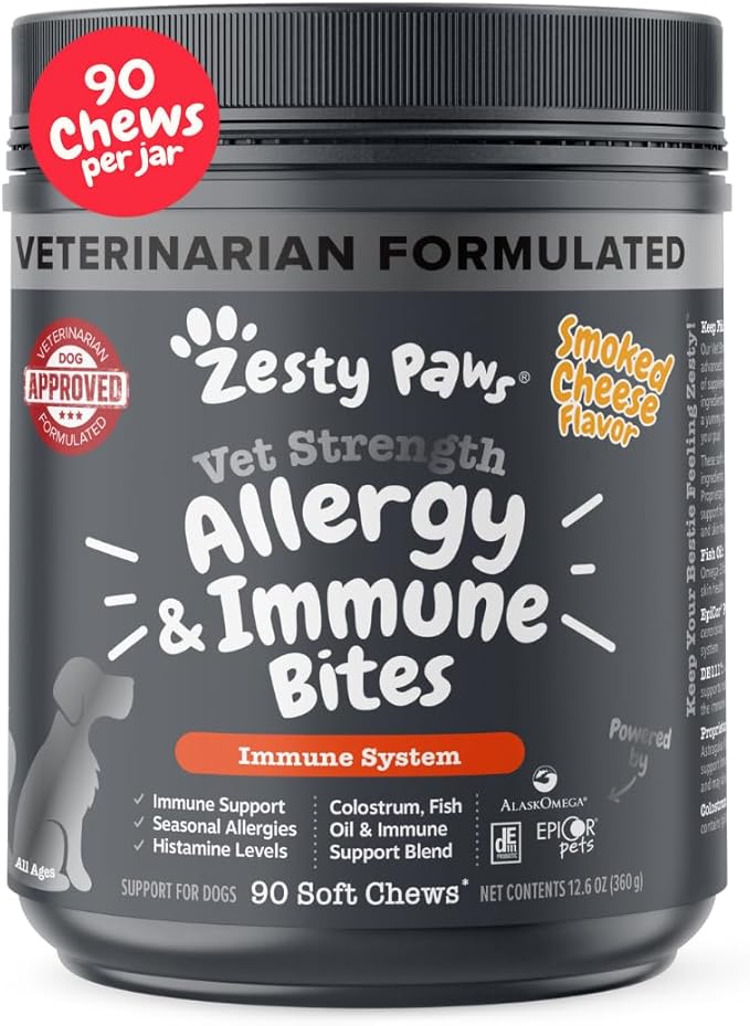 Zesty Paws Vet Strength Dog Allergy Relief Chews, Dog Probiotics for Itchy Skin and Ears, Smoked Cheese, 90ct