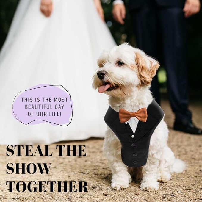 Dog Tuxedo for Wedding Outfit, Dog Suit and Tie Costumes for Birthday, Halloween, Cosplay, Christmas Party, Pet Formal Wear with Bowtie, Tux for Small Dogs, Chihuahua, Bichon, Maltese, Cats