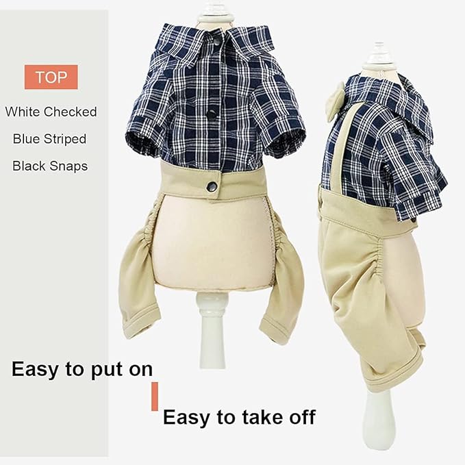 Pet Clothes Dog Shirts Classic Plaid Striped Overall Jumpsuit, Gentle Puppy Wedding Birthday Western Onesies Apparel, Fashion Daily Outfit with Bowtie for Dogs and Cats (X-Large, Khaki)
