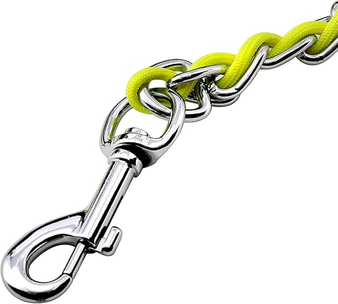 Chew Proof Metal Leash Chain for Medium Large Dogs, 4FT Strong Anti Chew, Comfortable Soft Padded Handle - Yellow