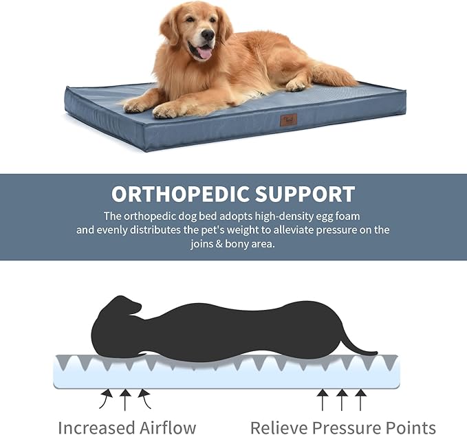 Orthopedic Dog Bed for Large Dogs - Pet Bed with Removable Washable Cover, Large Waterproof Dog Crate Bed for Large Sized Dog with Egg Crate Foam, Blue