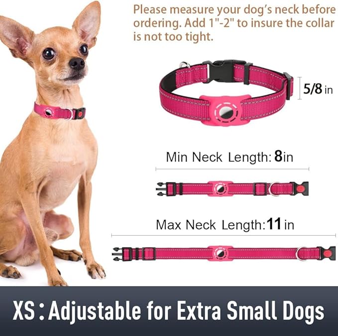 Airtag Dog Collar with AirTag Holder for Puppy Small Dogs, Reflective, Soft Padded & Safety Locking Buckle, Nylon Pet Collars Adjustable for All Breeds, Hotpink,XS