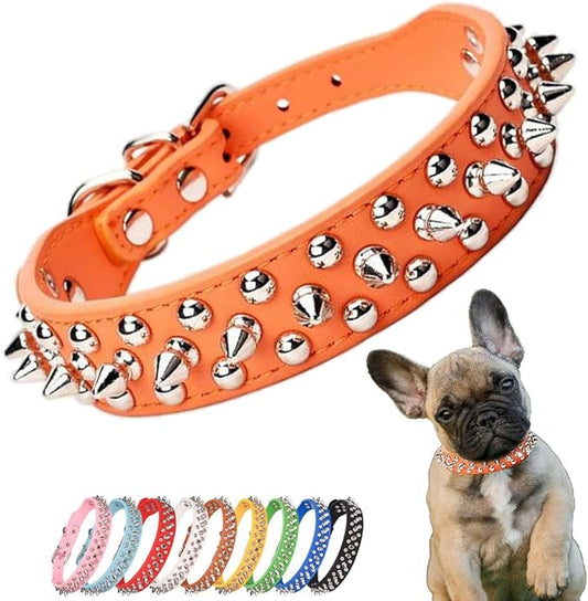 Orange Studded Dog Collar, Mushrooms Rivet Spiked Cat Collar Anti-Bite Protective Pet Neck Faux Leather Male Spike Puppy Collars for XXS XS Small Medium Large Boy Dogs Kitten Goat, XXSmall