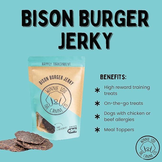 Winnie Lou Jerky Organic Jerky Dog Treats Made in The USA – Human Grade Dog Treats – Dog Jerky Treats – All Natural Dog Treats – Healthy Dog Treats (Bison Burger Jerky 2 Pack)
